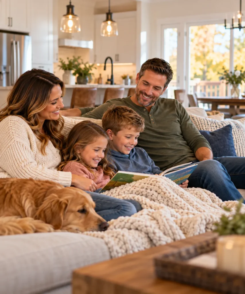A family relaxing together on the couch at home
