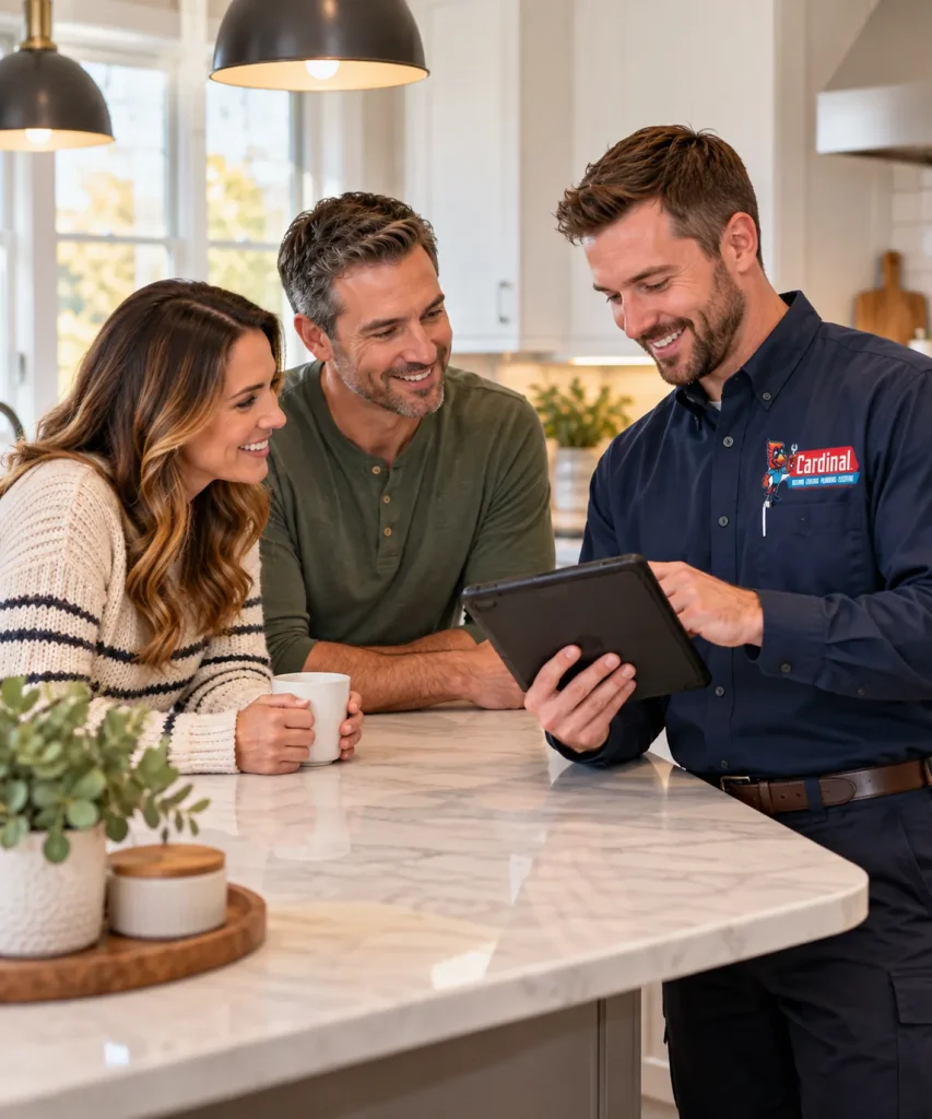 A Cardinal technician reviewing options on a tablet with two homeowners in a bright kitchen